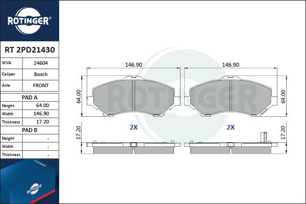 Rotinger RT 2PD21430 - Гальмівні колодки, дискові гальма autozip.com.ua