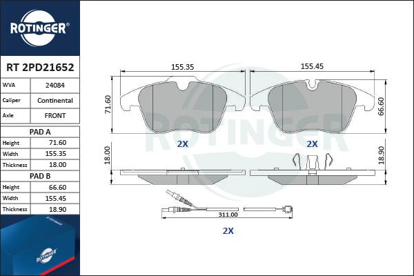 Rotinger RT 2PD21652 - Гальмівні колодки, дискові гальма autozip.com.ua