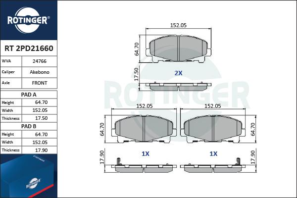 Rotinger RT 2PD21660 - Гальмівні колодки, дискові гальма autozip.com.ua