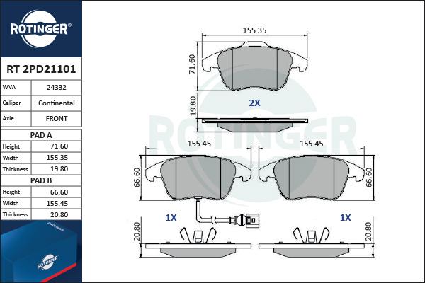 Rotinger RT 2PD21101 - Гальмівні колодки, дискові гальма autozip.com.ua