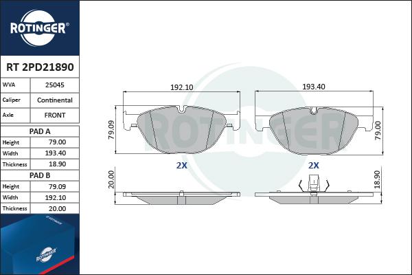 Rotinger RT 2PD21890 - Гальмівні колодки, дискові гальма autozip.com.ua