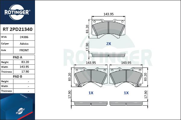 Rotinger RT 2PD21340 - Гальмівні колодки, дискові гальма autozip.com.ua