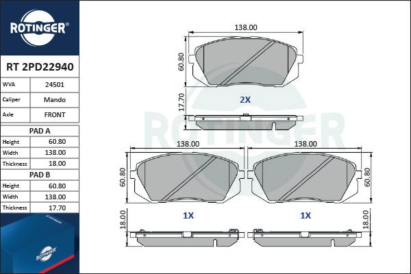 Rotinger RT 2PD22940 - Гальмівні колодки, дискові гальма autozip.com.ua