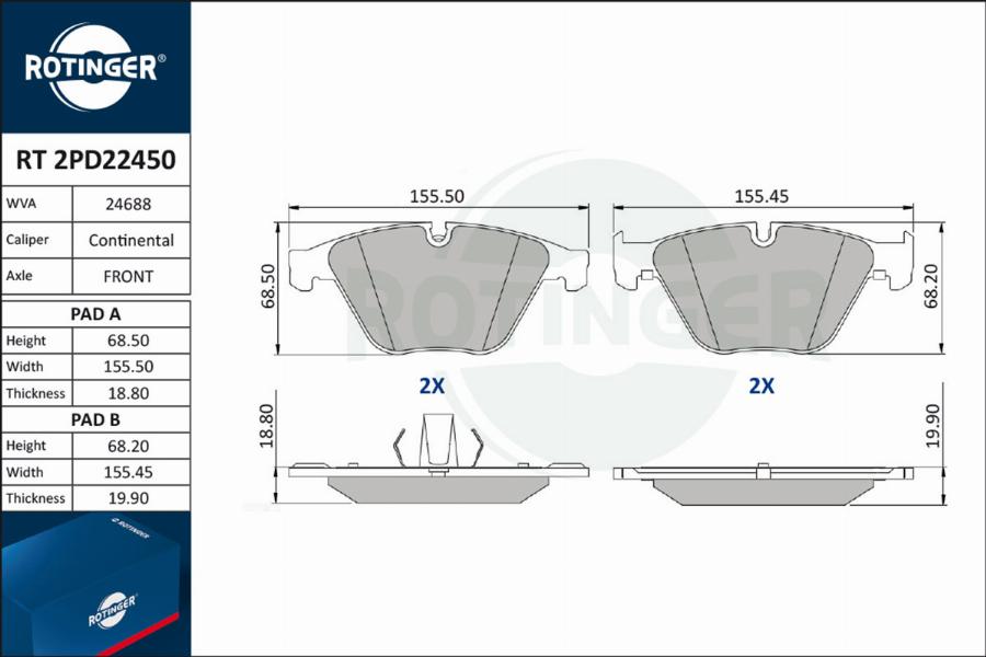 Rotinger RT 2PD22450 - Гальмівні колодки, дискові гальма autozip.com.ua