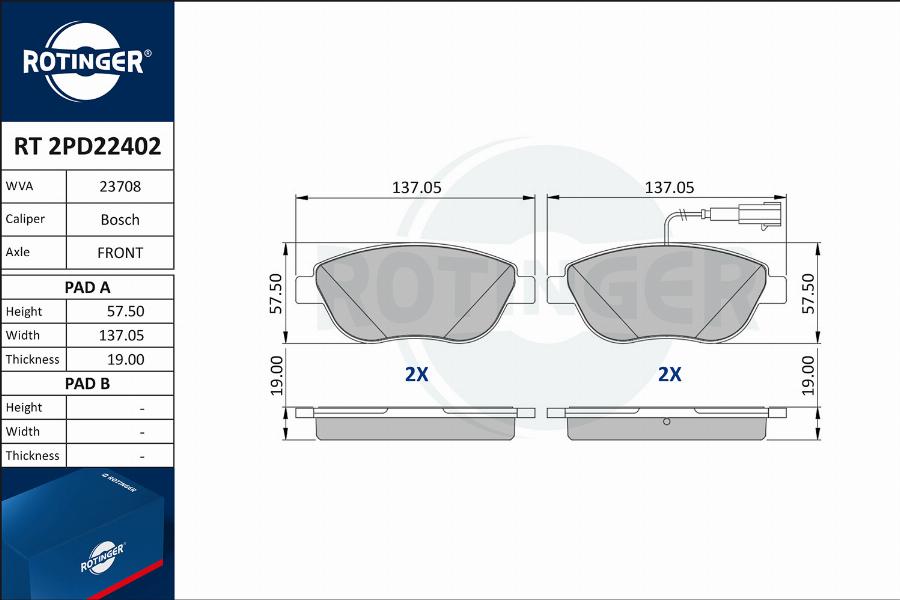 Rotinger RT 2PD22402 - Гальмівні колодки, дискові гальма autozip.com.ua