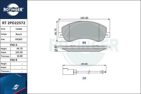 Rotinger RT 2PD22572 - Гальмівні колодки, дискові гальма autozip.com.ua