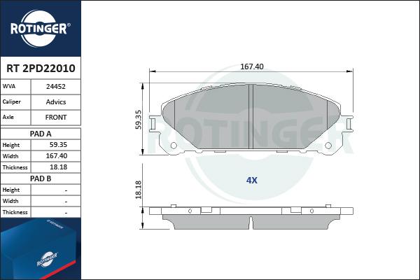 Rotinger RT 2PD22010 - Гальмівні колодки, дискові гальма autozip.com.ua