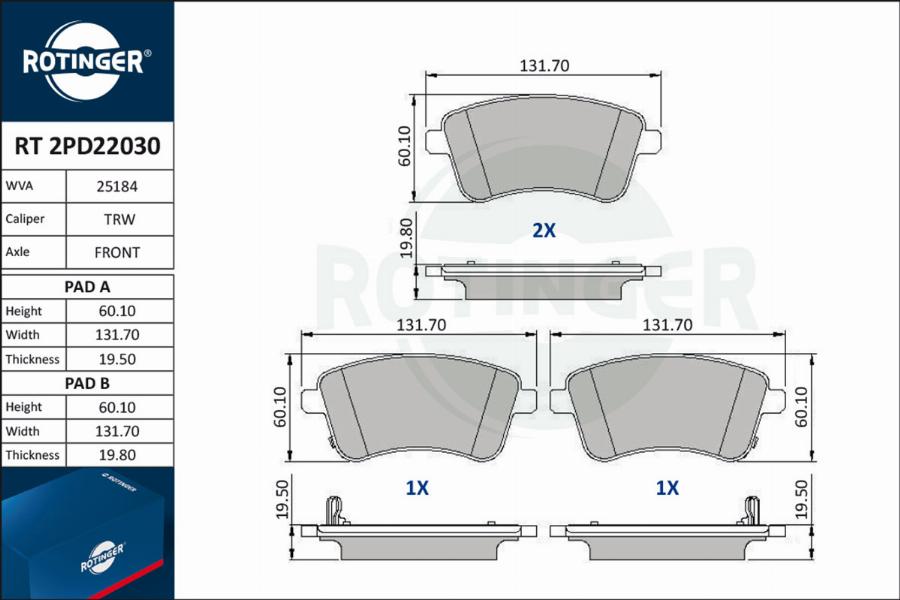 Rotinger RT 2PD22030 - Гальмівні колодки, дискові гальма autozip.com.ua