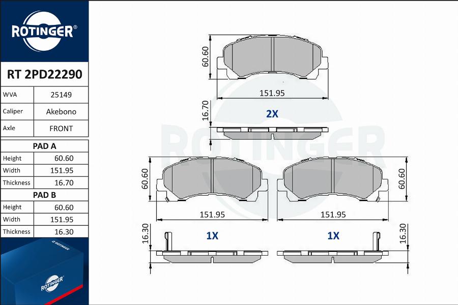 Rotinger RT 2PD22290 - Гальмівні колодки, дискові гальма autozip.com.ua