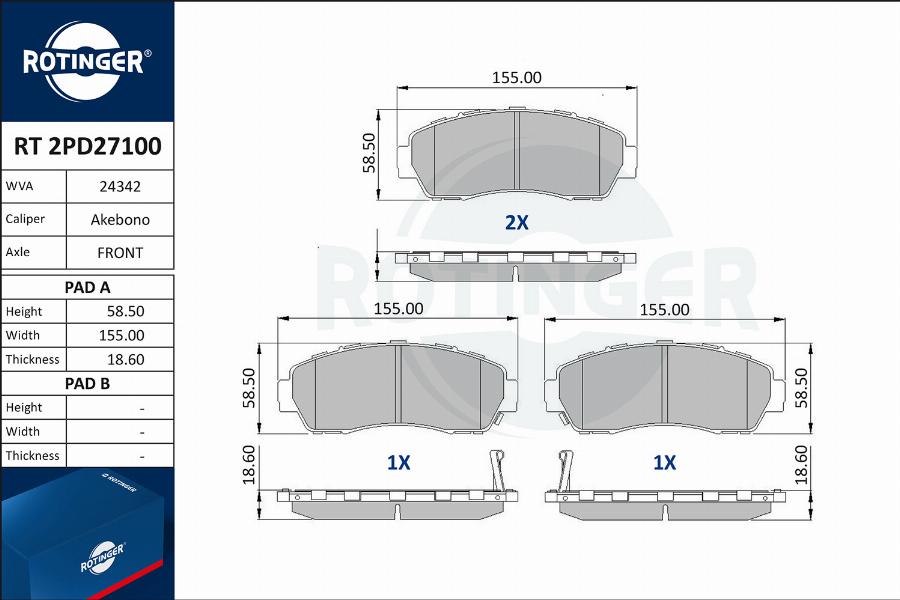 Rotinger RT 2PD27100 - Гальмівні колодки, дискові гальма autozip.com.ua