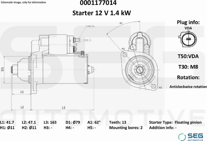 SEG AUTOMOTIVE 0001177014 - Стартер autozip.com.ua
