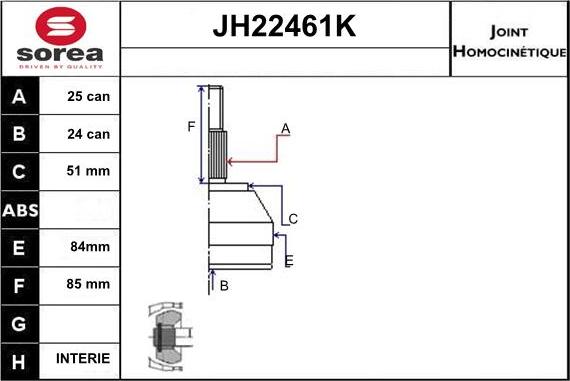 Sera JH22461K - Шарнірний комплект, ШРУС, приводний вал autozip.com.ua