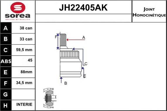 Sera JH22405AK - Шарнірний комплект, ШРУС, приводний вал autozip.com.ua