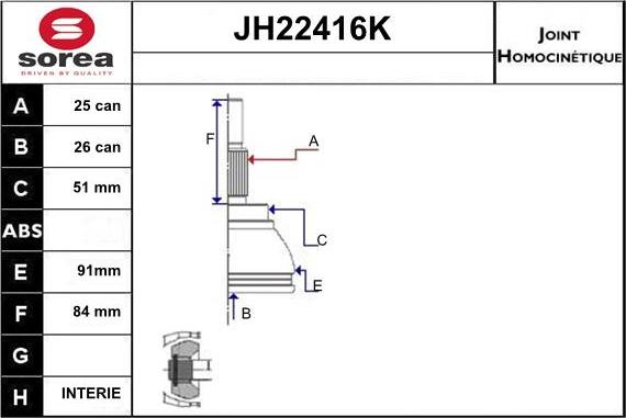 Sera JH22416K - Шарнірний комплект, ШРУС, приводний вал autozip.com.ua