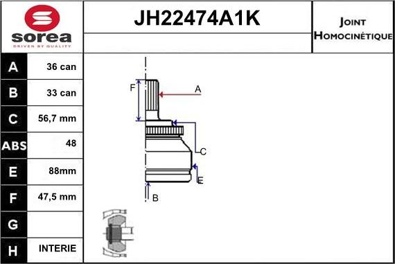 Sera JH22474A1K - Шарнірний комплект, ШРУС, приводний вал autozip.com.ua