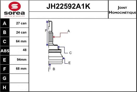 Sera JH22592A1K - Шарнірний комплект, ШРУС, приводний вал autozip.com.ua