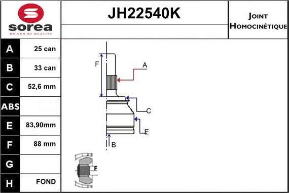 Sera JH22540K - Шарнірний комплект, ШРУС, приводний вал autozip.com.ua