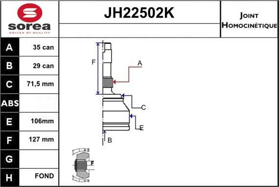 Sera JH22502K - Шарнірний комплект, ШРУС, приводний вал autozip.com.ua