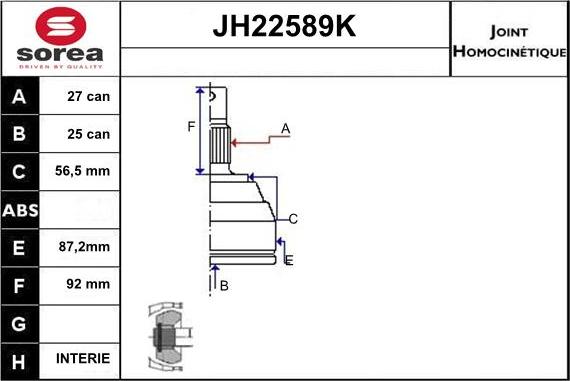 Sera JH22589K - Шарнірний комплект, ШРУС, приводний вал autozip.com.ua