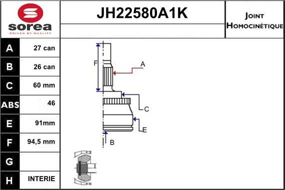 Sera JH22580A1K - Шарнірний комплект, ШРУС, приводний вал autozip.com.ua