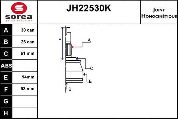 Sera JH22530K - Шарнірний комплект, ШРУС, приводний вал autozip.com.ua