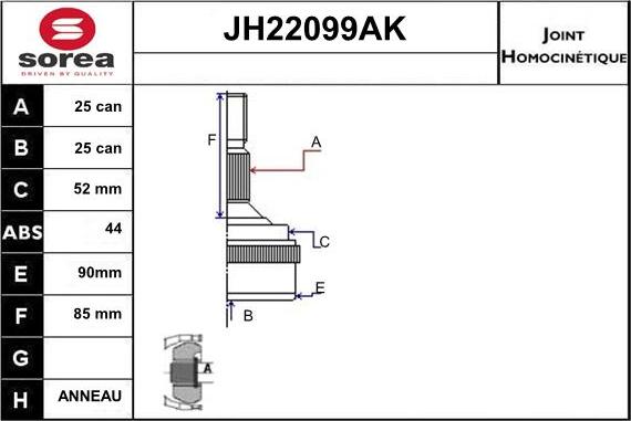 Sera JH22099AK - Шарнірний комплект, ШРУС, приводний вал autozip.com.ua