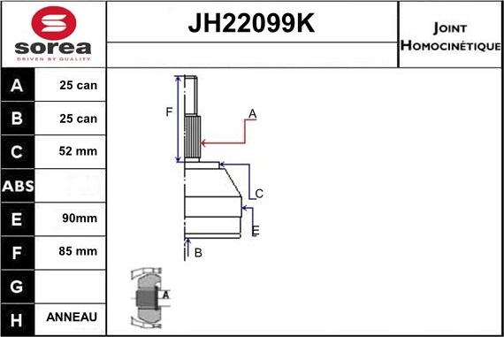 Sera JH22099K - Шарнірний комплект, ШРУС, приводний вал autozip.com.ua