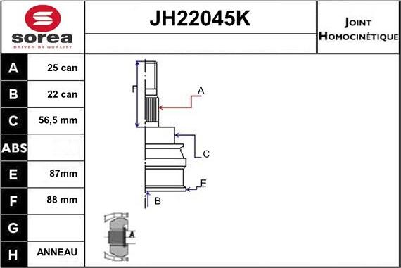 Sera JH22045K - Шарнірний комплект, ШРУС, приводний вал autozip.com.ua