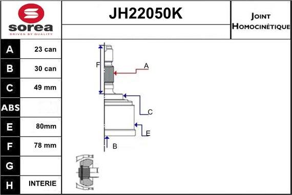 Sera JH22050K - Шарнірний комплект, ШРУС, приводний вал autozip.com.ua