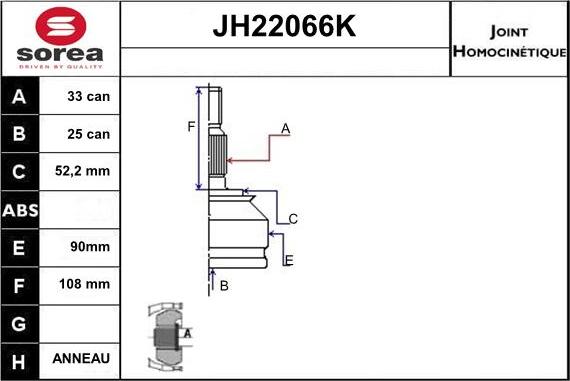 Sera JH22066K - Шарнірний комплект, ШРУС, приводний вал autozip.com.ua