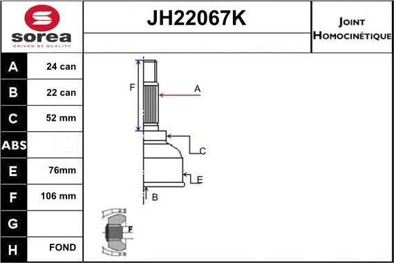 Sera JH22067K - Шарнірний комплект, ШРУС, приводний вал autozip.com.ua