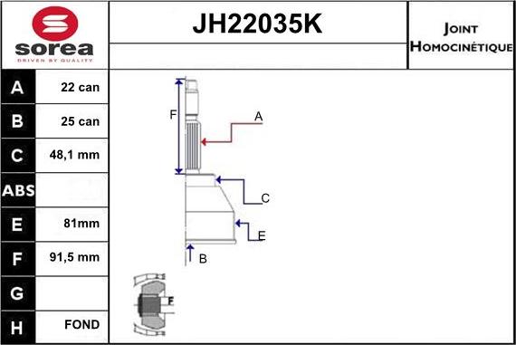 Sera JH22035K - Шарнірний комплект, ШРУС, приводний вал autozip.com.ua