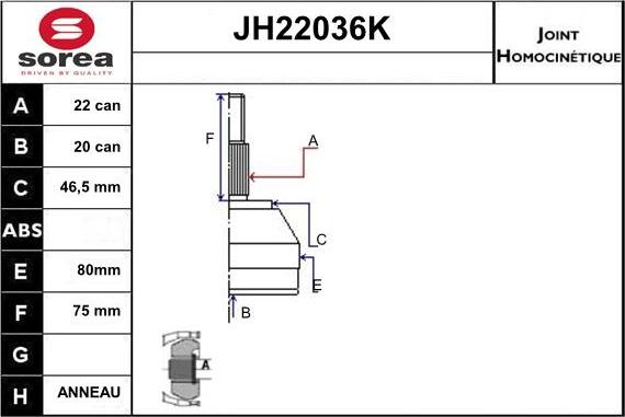 Sera JH22036K - Шарнірний комплект, ШРУС, приводний вал autozip.com.ua