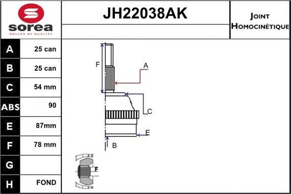 Sera JH22038AK - Шарнірний комплект, ШРУС, приводний вал autozip.com.ua
