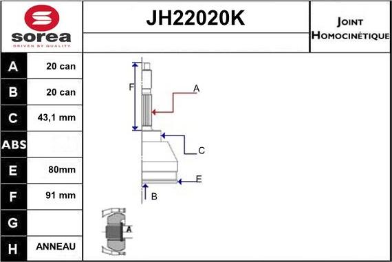 Sera JH22020K - Шарнірний комплект, ШРУС, приводний вал autozip.com.ua