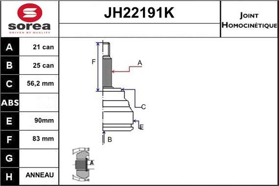 Sera JH22191K - Шарнірний комплект, ШРУС, приводний вал autozip.com.ua