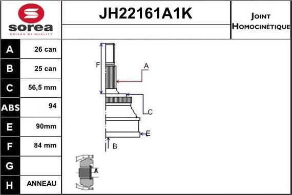 Sera JH22161A1K - Шарнірний комплект, ШРУС, приводний вал autozip.com.ua