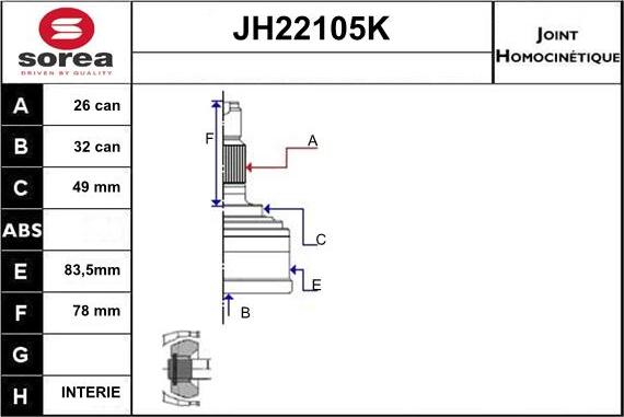 Sera JH22105K - Шарнірний комплект, ШРУС, приводний вал autozip.com.ua