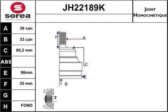 Sera JH22189K - Шарнірний комплект, ШРУС, приводний вал autozip.com.ua