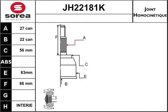 Sera JH22181K - Шарнірний комплект, ШРУС, приводний вал autozip.com.ua