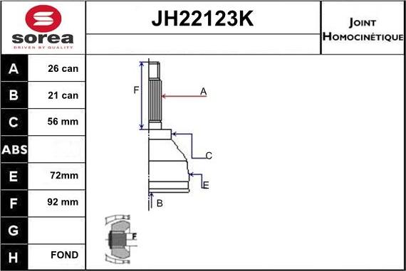 Sera JH22123K - Шарнірний комплект, ШРУС, приводний вал autozip.com.ua