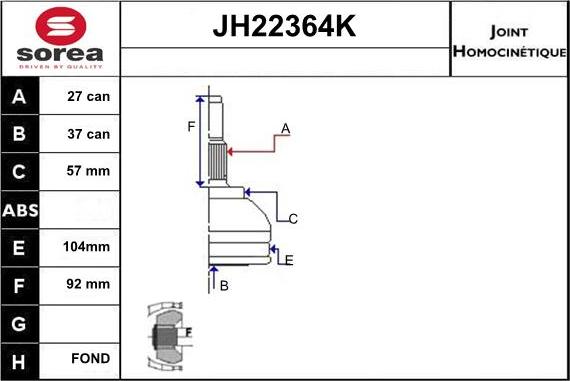 Sera JH22364K - Шарнірний комплект, ШРУС, приводний вал autozip.com.ua