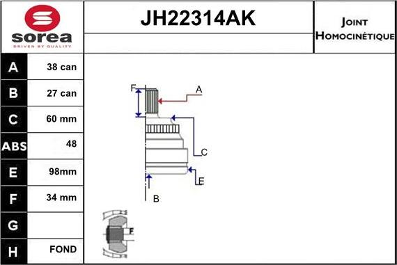 Sera JH22314AK - Шарнірний комплект, ШРУС, приводний вал autozip.com.ua