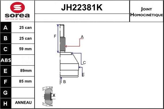 Sera JH22381K - Шарнірний комплект, ШРУС, приводний вал autozip.com.ua