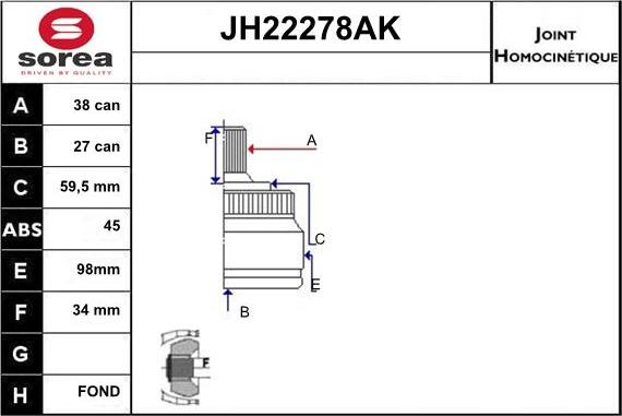Sera JH22278AK - Шарнірний комплект, ШРУС, приводний вал autozip.com.ua
