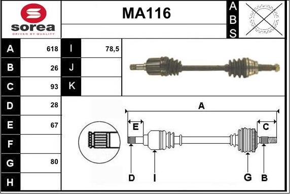 Sera MA116 - Приводний вал autozip.com.ua