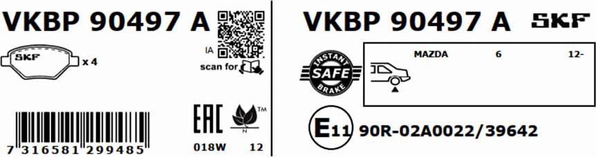 SKF VKBP 90497 A - Гальмівні колодки, дискові гальма autozip.com.ua