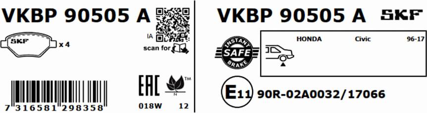 SKF VKBP 90505 A - Гальмівні колодки, дискові гальма autozip.com.ua