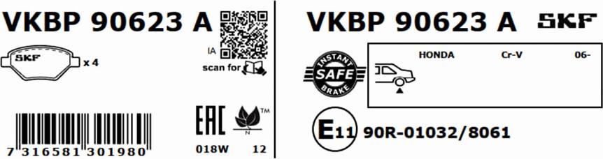 SKF VKBP 90623 A - Гальмівні колодки, дискові гальма autozip.com.ua