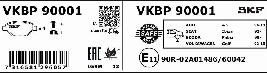 SKF VKBP 90001 - Гальмівні колодки, дискові гальма autozip.com.ua